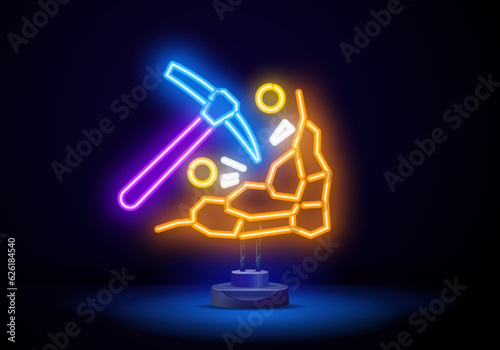 Outline neon pickaxe icon. Glowing neon pickaxe silhouette, crypto mining pictogram.