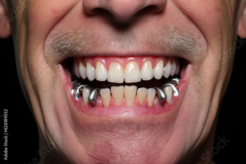 Dental implants and white teeth in a man's jaw.