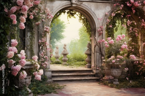 Old vintage garden with marble arches and roses.