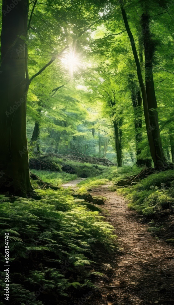 Fototapeta premium Silent Forest in spring with beautiful bright sun rays. Generative AI
