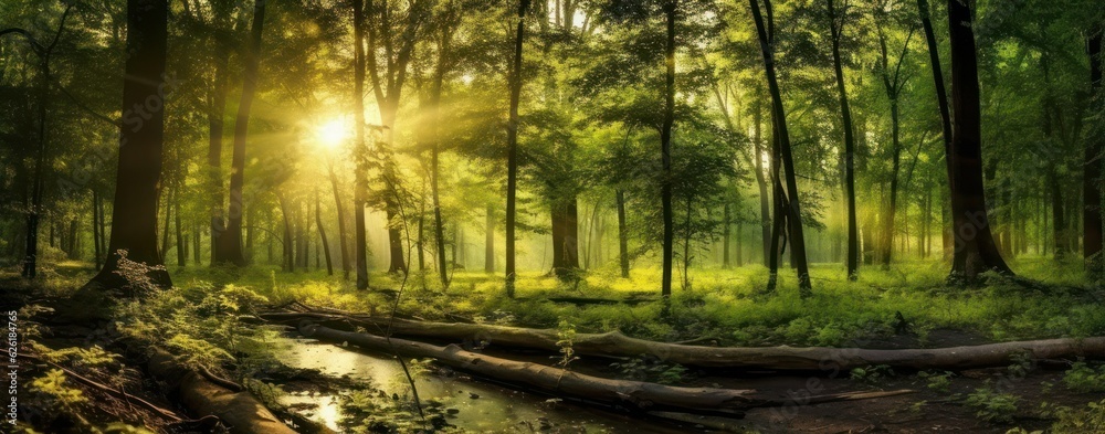 Silent Forest in spring with beautiful bright sun rays. Generative AI