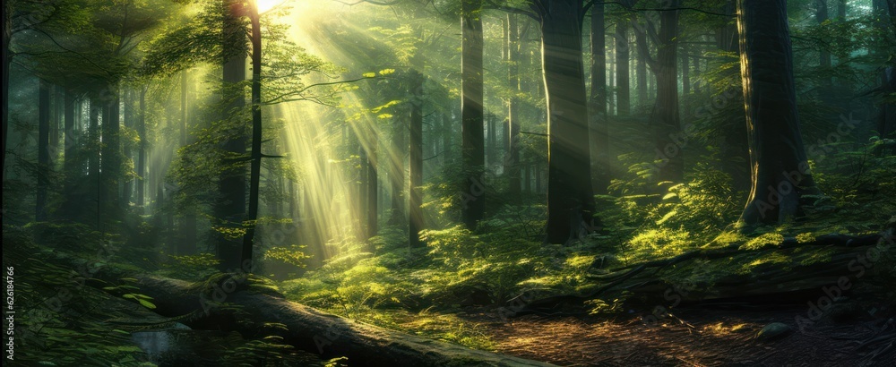 Obraz premium Silent Forest in spring with beautiful bright sun rays. Generative AI