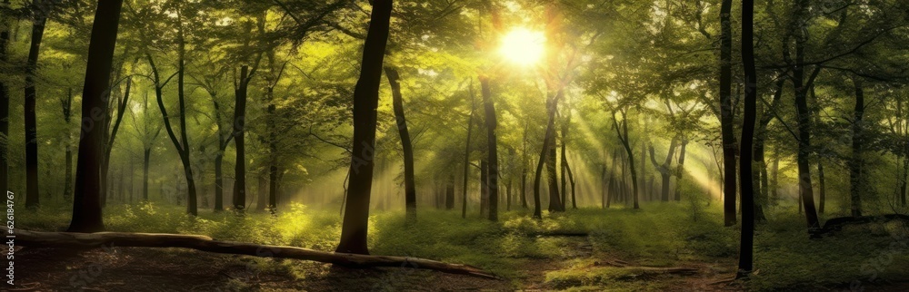 Silent Forest in spring with beautiful bright sun rays. Generative AI