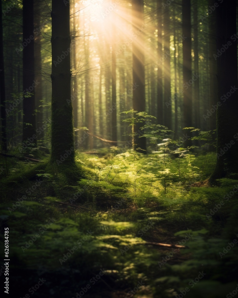 Fototapeta premium Silent Forest in spring with beautiful bright sun rays. Generative AI