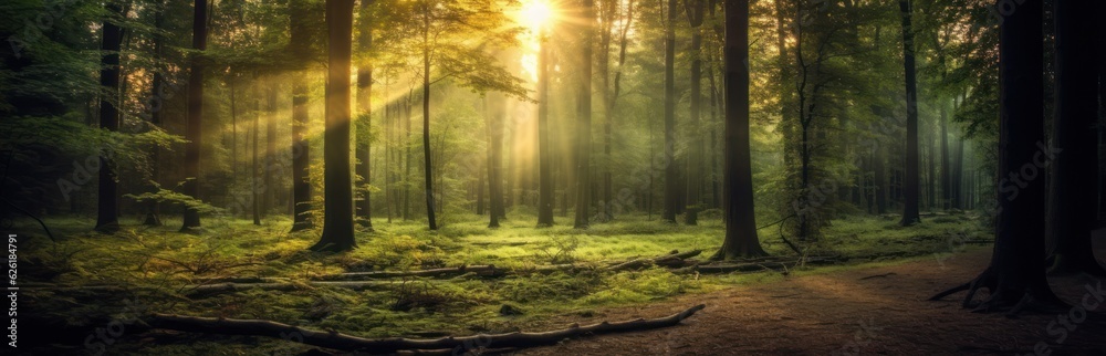 Fototapeta premium Silent Forest in spring with beautiful bright sun rays. Generative AI