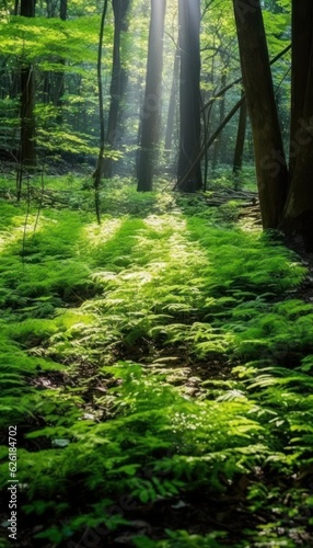 Silent Forest in spring with beautiful bright sun rays. Generative AI