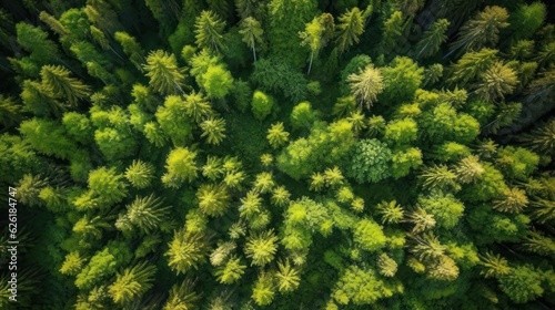 Aerial top view of green trees in forest. Pine forest of lush trees. Generative AI