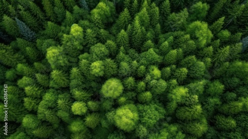 Aerial top view of green trees in forest. Pine forest of lush trees. Generative AI