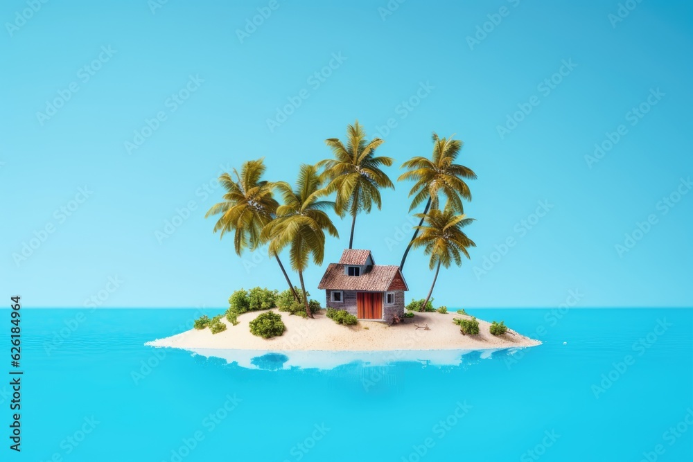 Naklejka premium Small tropical island with palms and hut surrounded sea blue water. Scenery of tiny island in ocean.