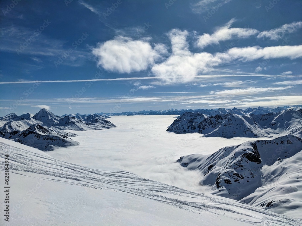 Ski tour on the Flüela Schwarzhorn above Davos. Beautiful mountain panorama in winter. ski mountaineering. ski touring. High quality photo