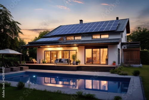 Smart home with energy efficient appliances and solar panels on the roof. © Sebastian Studio