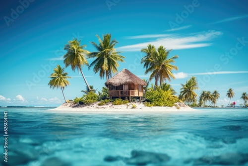 Small tropical island with palms and hut surrounded sea blue water. Scenery of tiny island in ocean. © Sebastian Studio