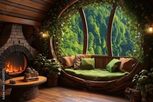 Hobbit house interior, inside fantasy wooden hut in forest. Vintage room in fairytale habitation with round window.