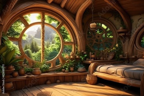 Hobbit house interior, inside fantasy wooden hut in forest. Vintage room in fairytale habitation with round window. photo