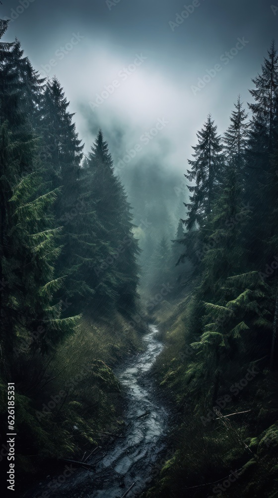 Misty mountain landscape. Moody forest landscape with fog and mist. Generative AI Misty mountain landscape. Moody forest landscape with fog and mist. Generative AI