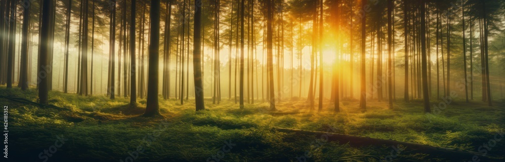 Obraz premium Silent Forest in spring with beautiful bright sun rays. Generative AI