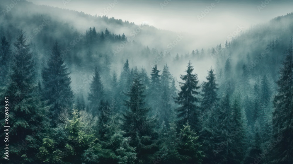 Misty mountain landscape. Moody forest landscape with fog and mist. Generative AI