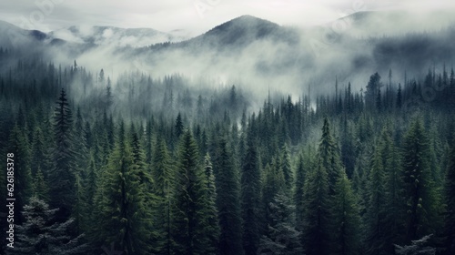 Misty mountain landscape. Moody forest landscape with fog and mist. Generative AI