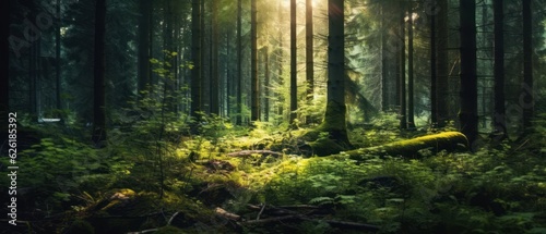 Silent Forest in spring with beautiful bright sun rays. Generative AI © Viktor