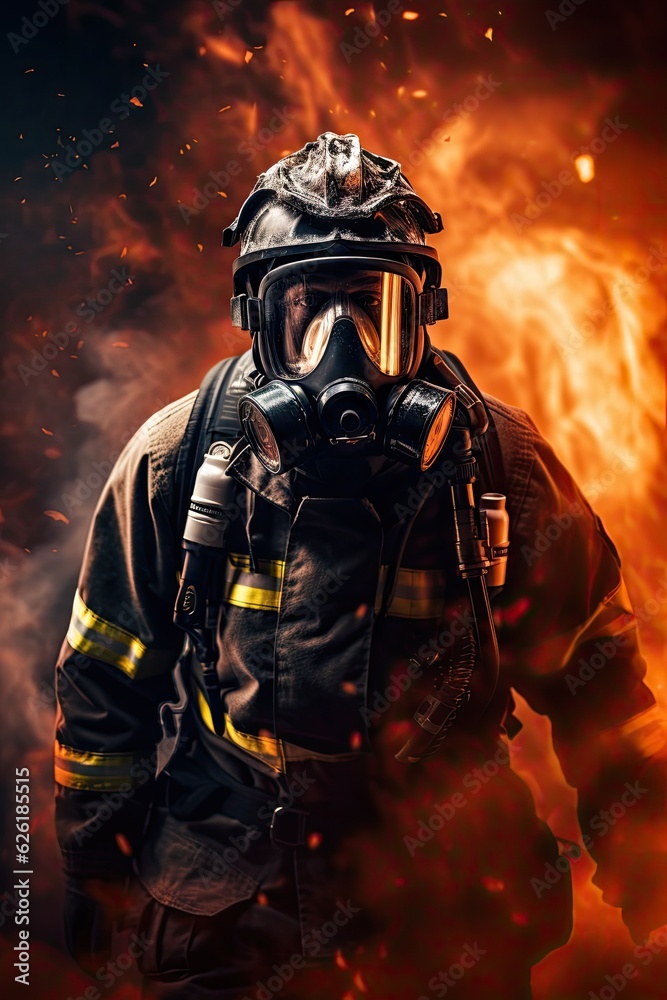 Heroic firefighter wearing oxygen mask in smoke and blaze. Heroic firefighter wearing oxygen mask in smoke and blaze.