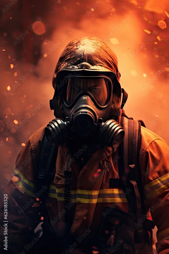 Heroic firefighter wearing oxygen mask in smoke and blaze. Heroic firefighter wearing oxygen mask in smoke and blaze.