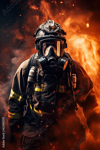 Heroic firefighter wearing oxygen mask in smoke and blaze.