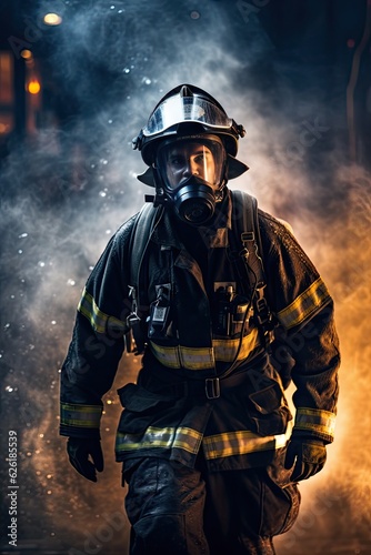 Heroic firefighter wearing oxygen mask in smoke and blaze.