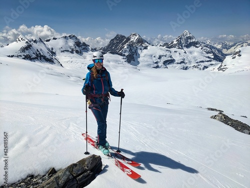 Backcountry Ski tour on the Clariden in Glarus Uri. Skitour over the glacier in the Swiss Alps. Skimo mountaineering. High quality photo