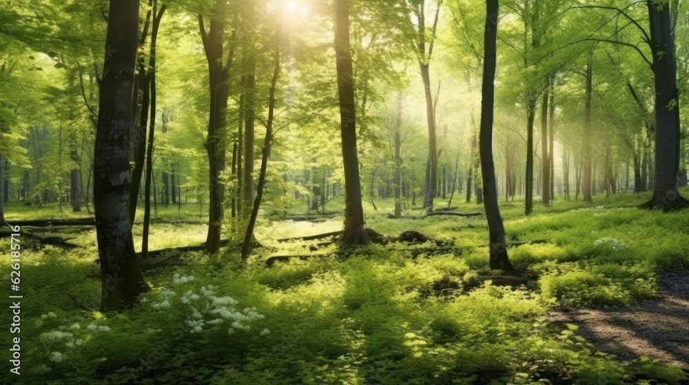 Fototapeta premium Silent Forest in spring with beautiful bright sun rays. Generative AI