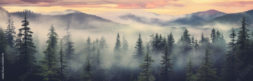 Misty mountain landscape. Moody forest landscape with fog and mist. Generative AI Misty mountain landscape. Moody forest landscape with fog and mist. Generative AI