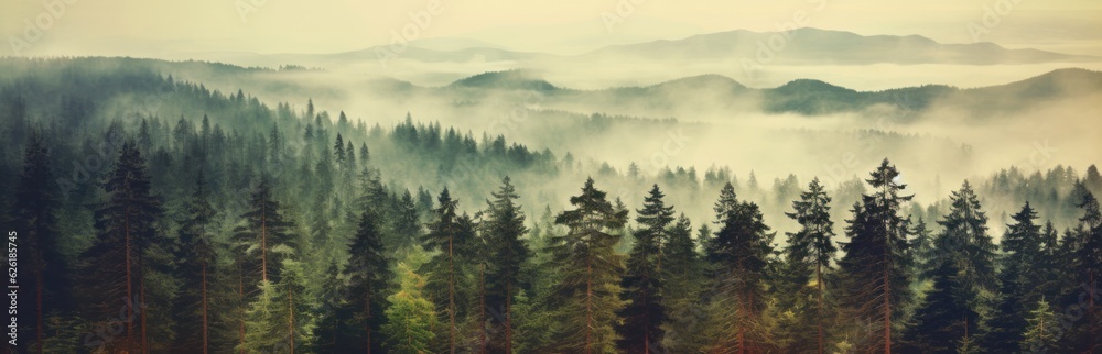 Misty mountain landscape. Moody forest landscape with fog and mist. Generative AI