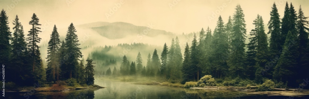 Misty mountain landscape. Moody forest landscape with fog and mist. Generative AI Misty mountain landscape. Moody forest landscape with fog and mist. Generative AI