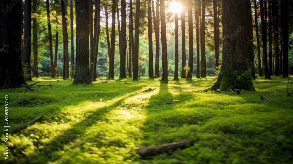 Fototapeta premium Silent Forest in spring with beautiful bright sun rays. Generative AI