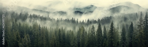 Misty mountain landscape. Moody forest landscape with fog and mist. Generative AI © Viktor