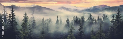 Misty mountain landscape. Moody forest landscape with fog and mist. Generative AI
