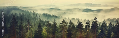 Misty mountain landscape. Moody forest landscape with fog and mist. Generative AI