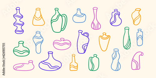 Set of hand drawn vases, jars, vessels, abstract vector illustration, line art doodle, childish drawing