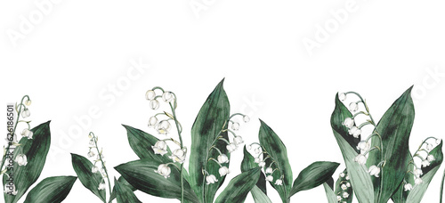 Watercolor banner with spring lilies of the valley branches. Illustration isolated, white backgraund. Design for printing postcards, invitations to weddings, birthdays, spring and summer holidays