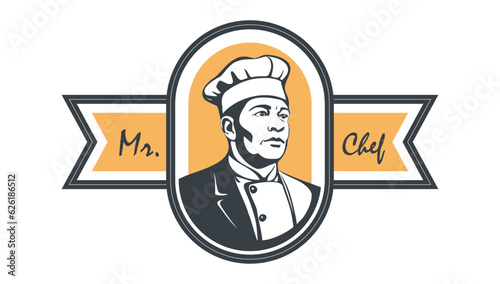 Vector graphic label. Portrait of a brutal Mr. chef in a hat of cook. White isolated background.