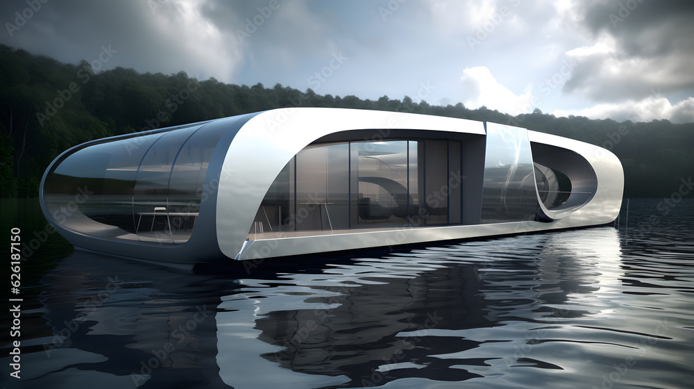 Sleek Serenity Afloat: The Premium Minimalist Houseboat, AI Generative