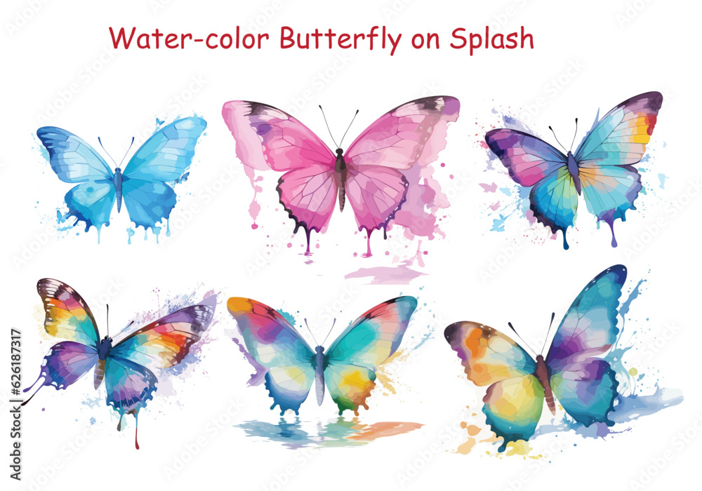  collection of butterflies on splash clipart isolated white background.watercolor splash butterfly png collection.Butterflies clipart set, watercolor illustration.Decoration Elements vector