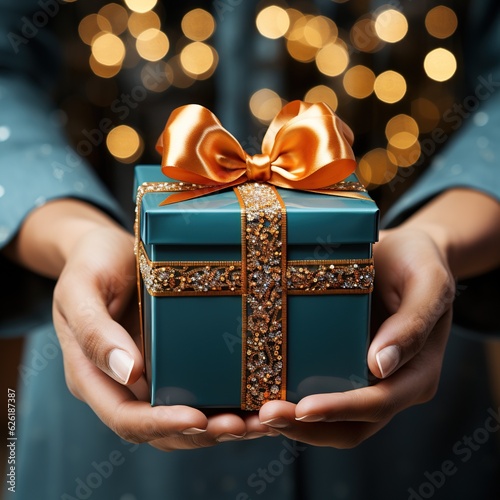 Illustration of a gift box in hand with a Christmas background, AI Generated