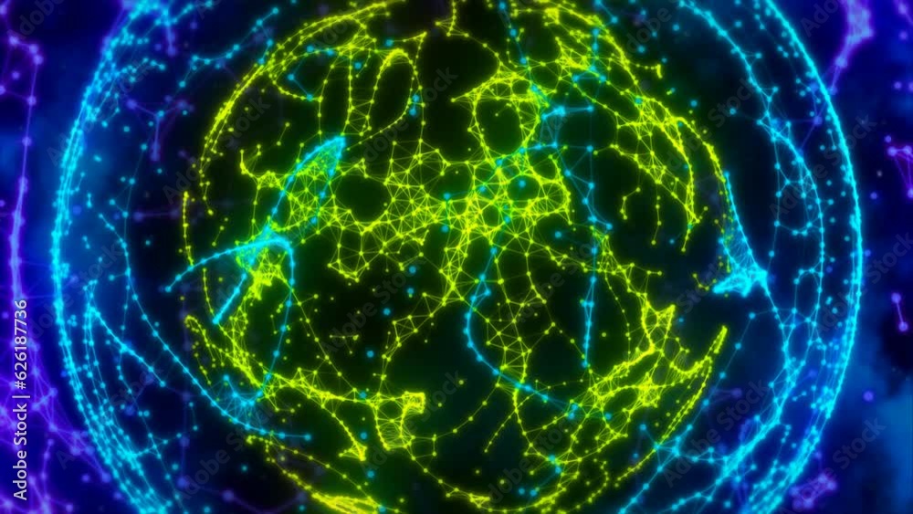 Rotating sci-fi magic spheres hud plexus style element connect. Abstract spherical multicolored animation.