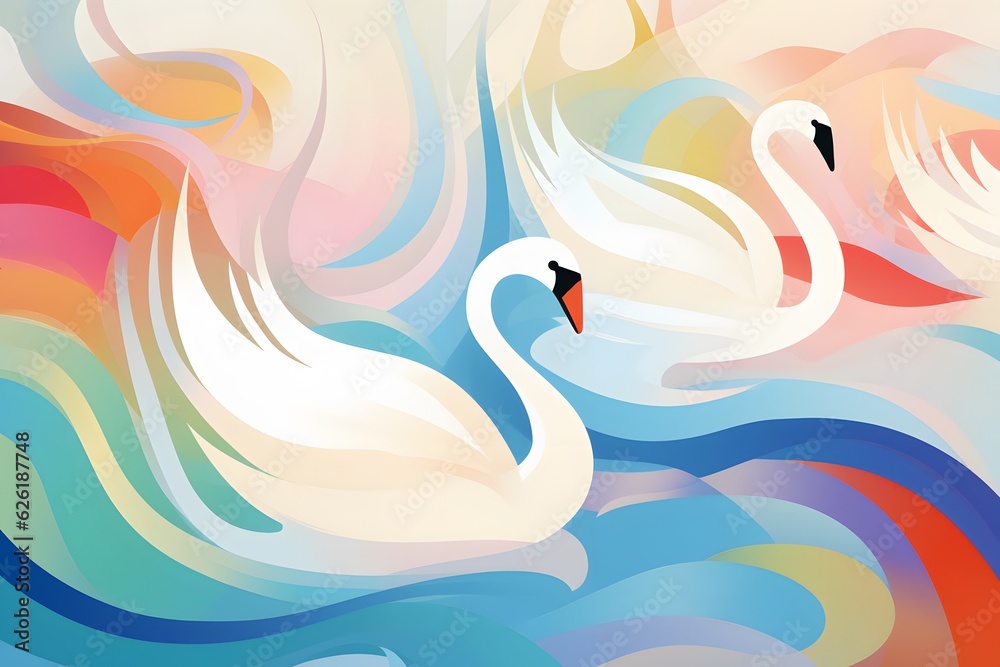 Fototapeta premium Abstract design with white swans on multicolored background. generative ai