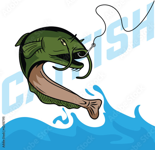 Flathead Catfish vector caught in a fish hook by a fisherman. Fish struggling to get free and jumping out from the sea or pond. Water splash everywhere with the cat fish name written behind it.