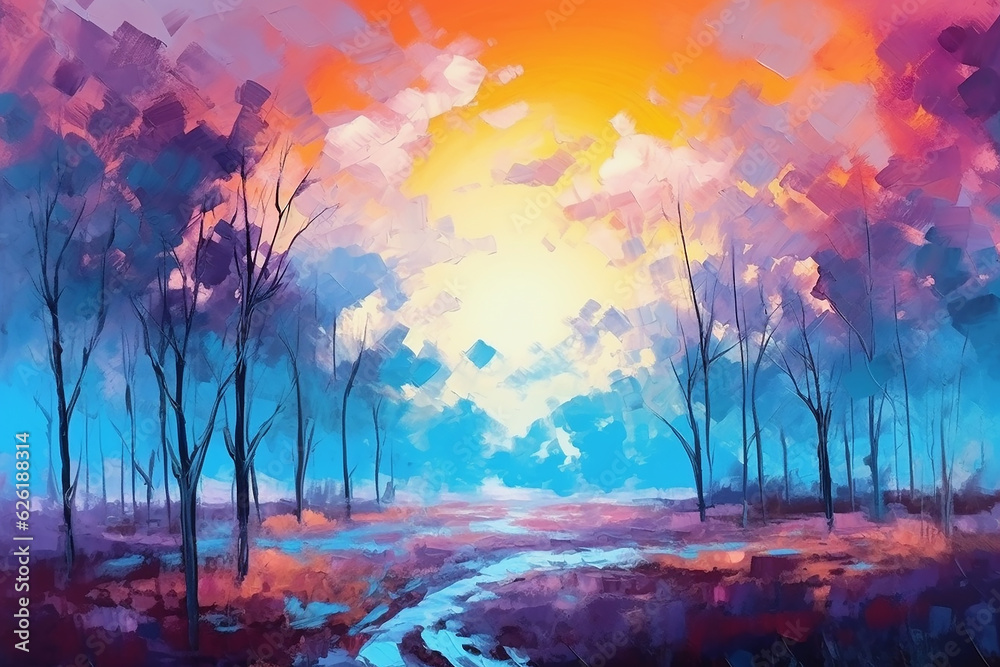 Fototapeta premium Forest in autumn at sunset time, abstract oil painting style, Generative AI