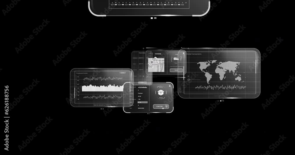 Animation of data processing on screens over black background Animation of data processing on screens over black background
