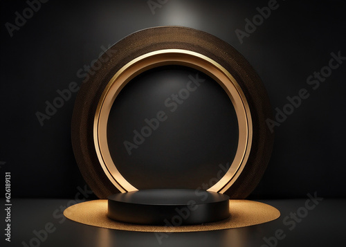 Canvas Print Abstract realistic 3D black and gold cylinder pedestal podium with golden glitter in circle window