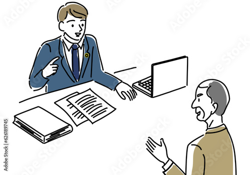 男性弁護士に相談するビジネスマンのシンプル線画イラスト