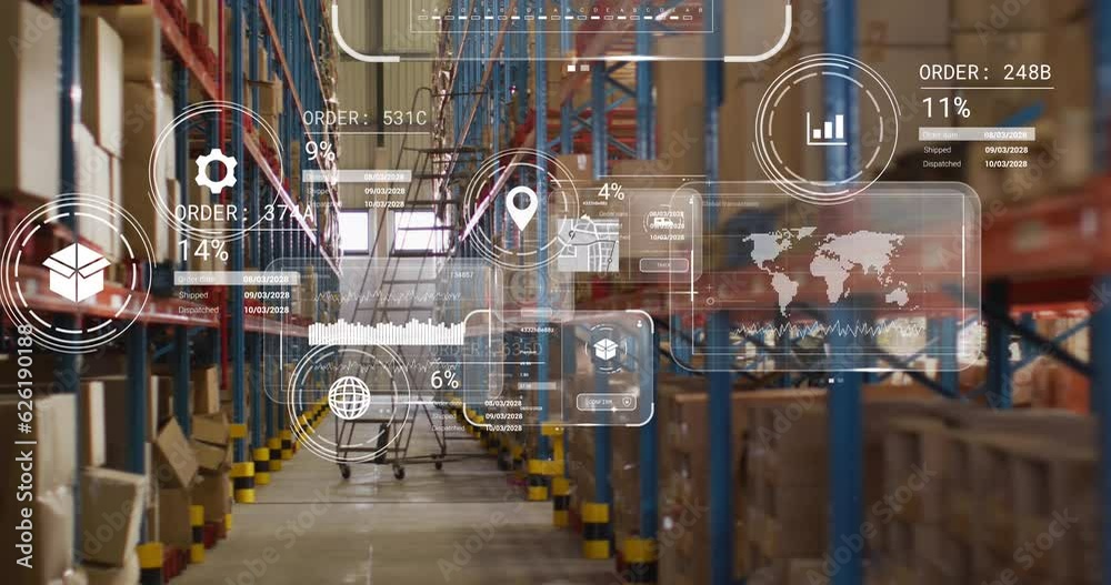 Animation of data processing on screens over warehouse